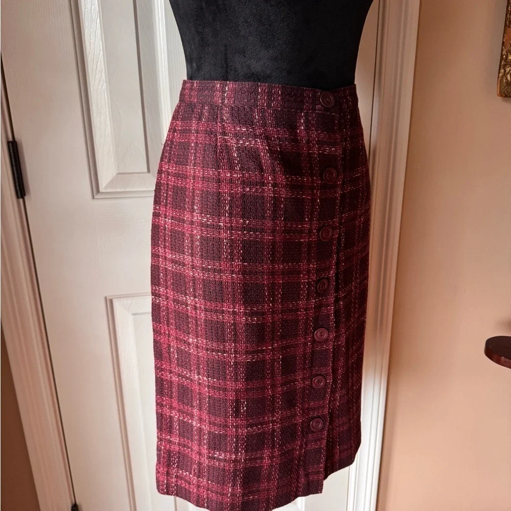 Jones Wear Plaid Tweed Button-Front Skirt